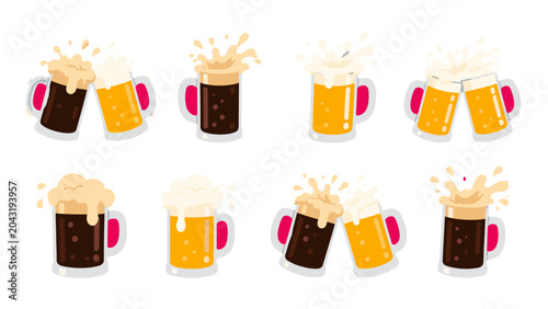 Photos Set of foamy beer mugs with splashes and clinking poses
