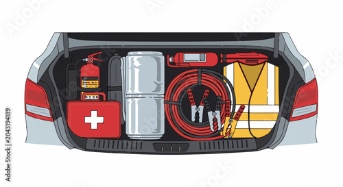 Car trunk packed with safety and emergency equipment for travel