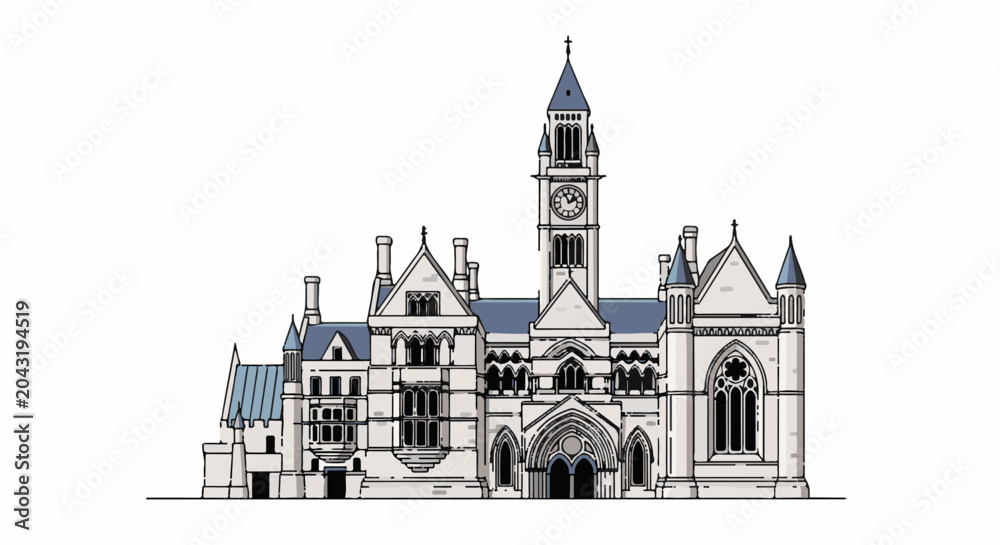 Obraz premium Stylized drawing of a large, ornate gothic building with a central clock tower