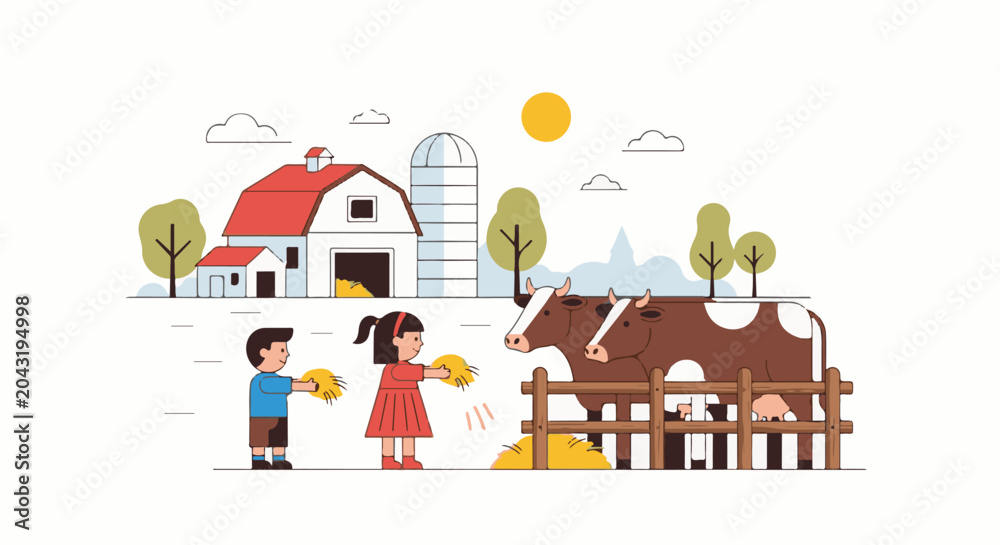 Fototapeta premium Children feeding cows on a farm with a barn and silo under a sun