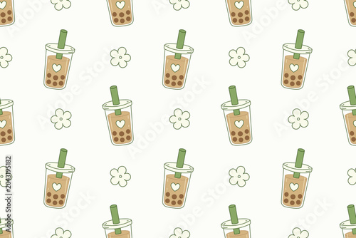 Cute seamless pattern featuring bubble tea cups and simple floral elements in a soft green color palette
