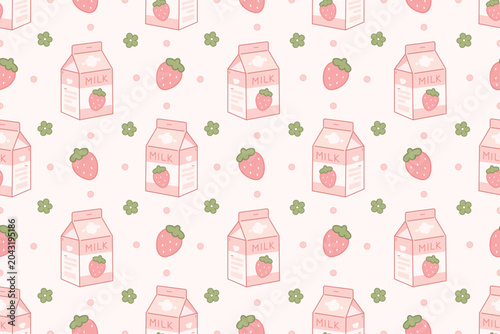 Cute strawberry milk cartons with strawberries and flowers arranged in a playful seamless pattern