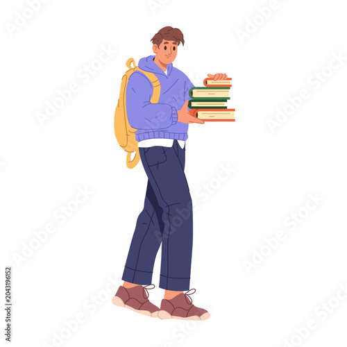 Vászonkép Boy student loaded with books, carrying textbooks for course