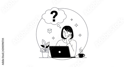 Thoughtful Woman Working on Laptop Line Art Illustration