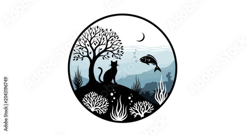 Cat and Fish Nature Badge Silhouette Vector Illustration