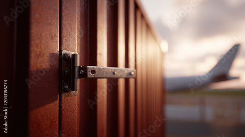 Heavy steel locking mechanism on red metal container with blurred airplane in background, industrial transportation security concept, sunset lighting creates dramatic mood