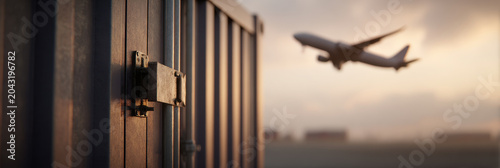 Heavy steel locking mechanism on shipping container with airplane taking off in background, symbolizing global logistics and secure cargo transport at sunset
