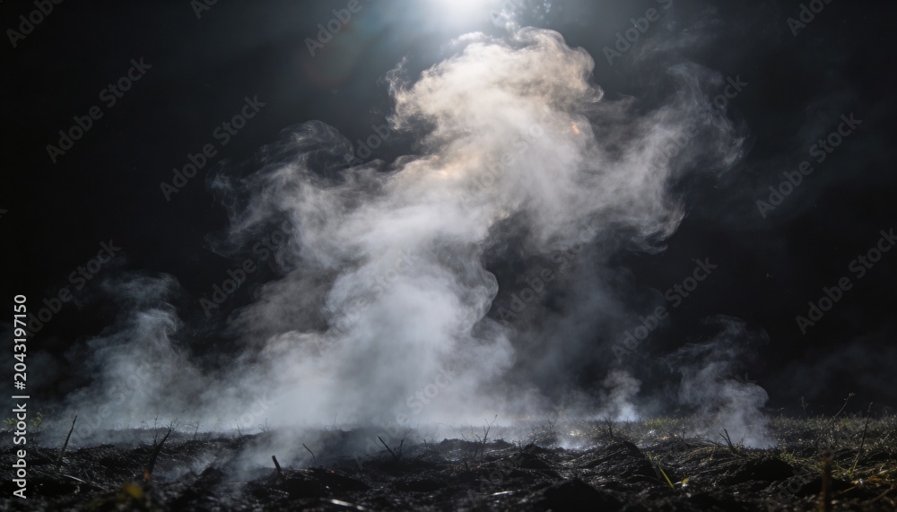 Fototapeta premium Rising vertical plume of smoke and steam occupying center of field, charred soil and backlight halo
