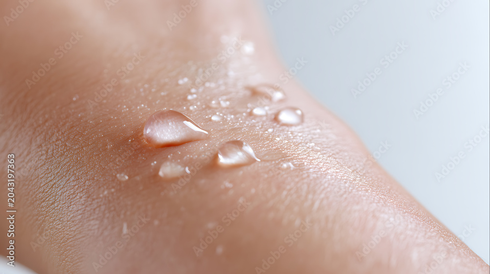 Fototapeta premium Close up of fresh clean water drops on smooth, healthy human skin, illustrating hydration, moisture, and dermatological care concepts with natural beauty
