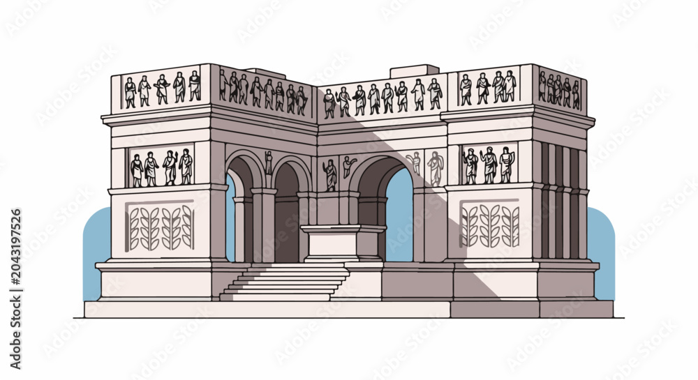 Naklejka premium Ancient structure with arches, statues, and relief carvings