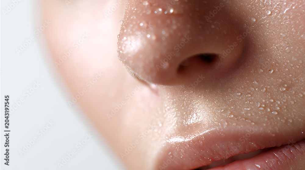 Fototapeta premium Close-up of human face with clear water droplets, fresh skin texture detail, healthy natural glow, moisture, hydration, beauty, skincare concept