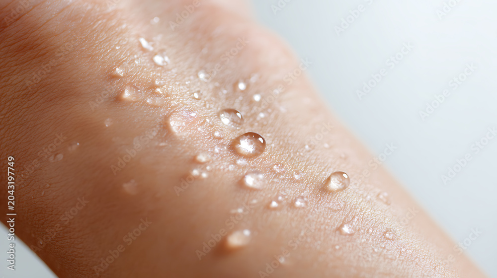 Fototapeta premium Close-up of human skin with clear water drops, showcasing hydration and healthy texture, evoking freshness and purity for beauty concepts