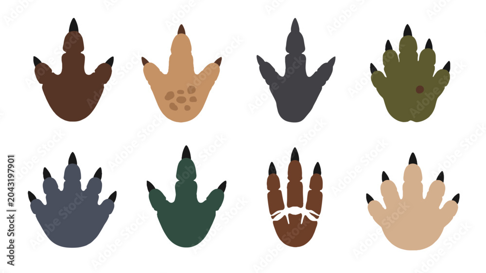 Fototapeta premium Set of stylized bird footprint silhouettes in different colors