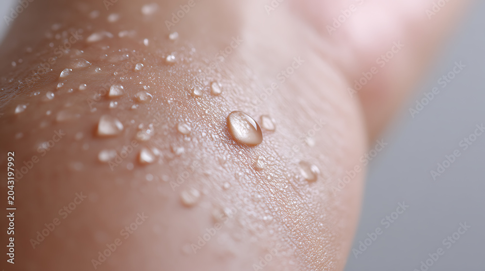 Fototapeta premium Close-up macro shot of human skin surface covered in clear water droplets, showcasing texture and hydration with natural light detail
