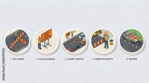 Workers set cones, place signage, divert traffic, monitor safety, and reopen road.