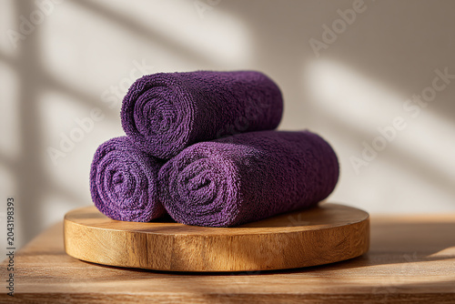 Rolled towels on wooden desk generated.AI