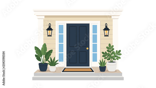 Fotografie Front house entrance with dark door and potted plants