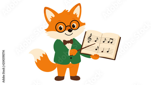 Canvastavla Cute fox teacher holding music book and pointing with baton