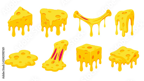 Foto Set of melting cheese pieces and stretchy cheese drips
