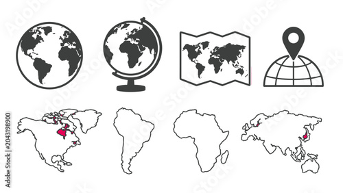 Quadro su tela World map and globe icon set with continent outlines