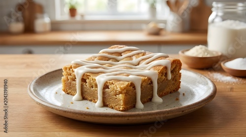 A golden brown baked blondie with white icing drizzle, isolated on a kitchen background