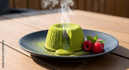 A striking vector image of a hot matcha green tea molten lava cake oozing rich warm filling accompanied by fresh ripe raspberries and mint