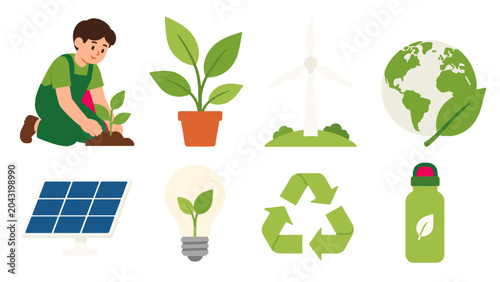 Cuadro en lienzo Eco sustainability icons with plants recycling and clean energy