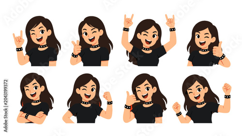 Foto Cartoon girl character set with hand gestures and winking face