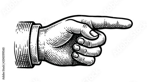 Bild auf Leinwand Vintage Hand Pointing Right, Engraved Illustration, Directional Gesture