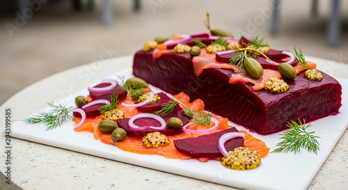 A visually stunning vector image of beet-cured salmon gravlax arranged on a platter with sliced red onions, capers, mustard seed, and fresh dill