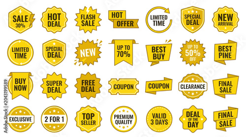 Photos Yellow Sale Badges and Labels Collection: Hot Deal, Flash Sale, New Arrival, Dis