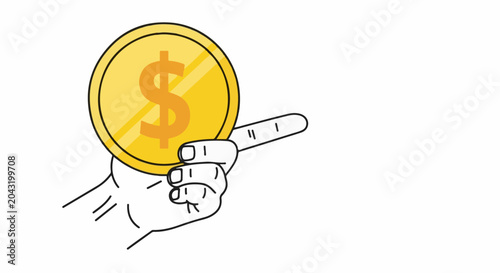 Cartoon hand points to a golden coin with a dollar sign