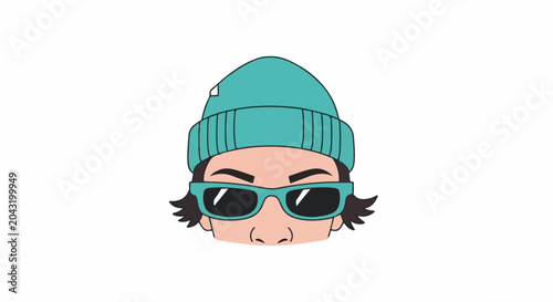Cartoon head wearing teal beanie and sunglasses, face visible