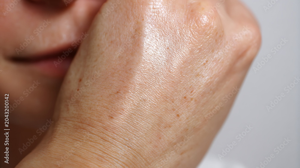 Fototapeta premium Close-up hand rest chin with visible freckles and skin texture, detailed view of natural human dermis, skin pigmentation, beauty concept, white background