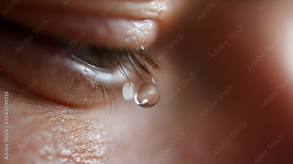 Fototapeta premium Macro image of a single clear tear drop on eyelashes and human skin, showing a sense of deep emotion, pain, or sadness on a blurred background