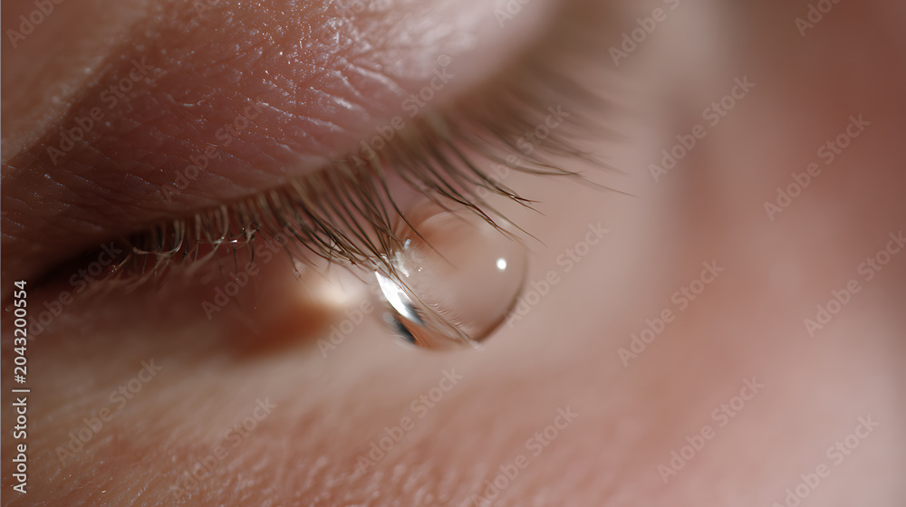 Fototapeta premium Close-up of a human eye with a single tear gracefully falling, highlighting emotion, sorrow, or sensitive moments with profound detail