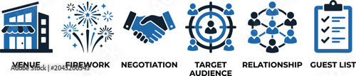 Photography Business management icons collection representing venue firework negotiation target relationship guest list