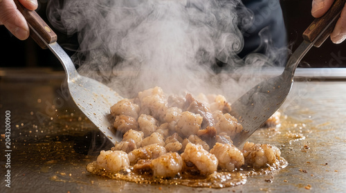 鉄板焼きの熱気と湯気の中で豪快に調理されるホルモン料理