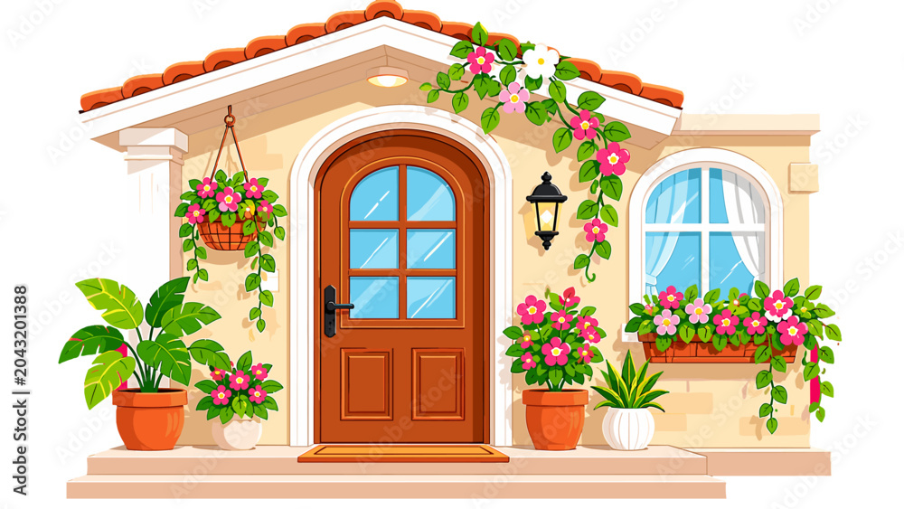 Αυτοκόλλητο Charming house entrance with flower pots and climbing vines
