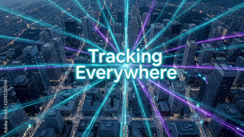 Ubiquitous digital tracking concept illustrating extensive monitoring data collection and persistent observation across connected environments