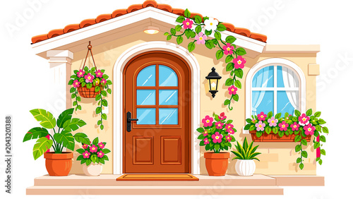 Картината върху платно Charming house entrance with flower pots and climbing vines