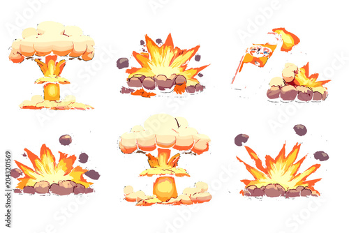 Canvas Print Set of cartoon explosion and mushroom cloud effects