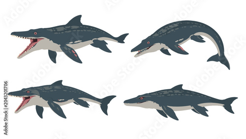 Canvastavla Prehistoric marine reptile cartoon set in four swimming poses