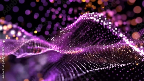 Dynamic visualization of sound waves in purple and white patterns with movement and flow in a dark background