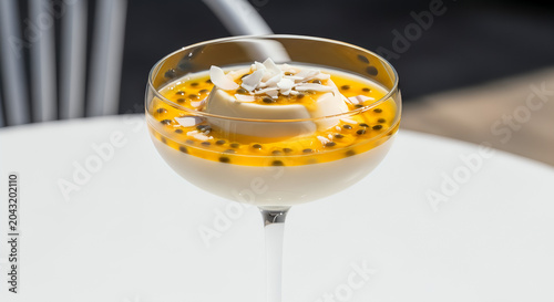 Elegant passionfruit panna cotta dessert vector image served in glass coupe topped with sweet tropical coulis crunchy black seeds and white coconut flakes