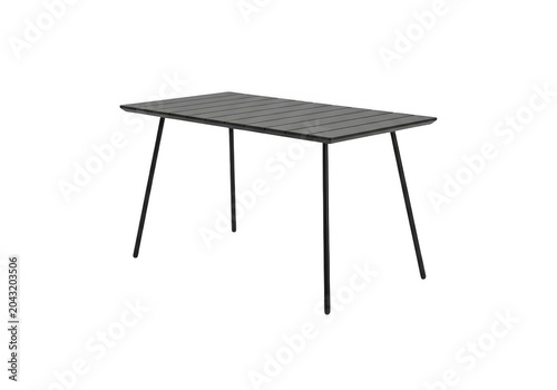 Modern rectangular outdoor dining table with black slatted top and thin metal legs isolated on transparent background