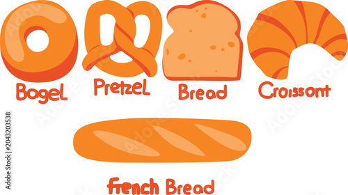 Obraz na płótnie Vector illustration with various types of bread from different countries, buns, baguettes, and croissants