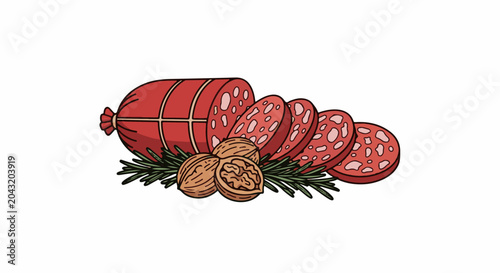 Sliced sausage, walnuts, and rosemary sprigs on a white background