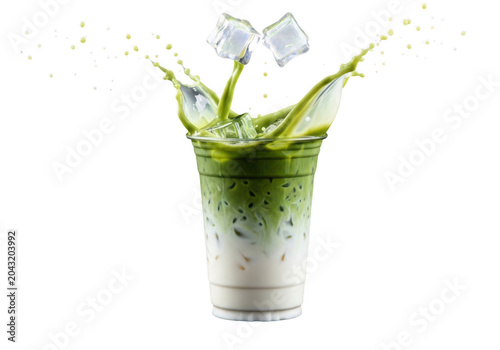 Iced matcha latte in a plastic cup isolated on transparent background
