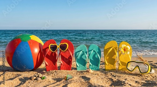 Colorful beach toys including a striped beach ball flip flops in vibrant red turquoise yellow and a pair of goggles with a scenic ocean background bright sunny sky and sandy shore perfect